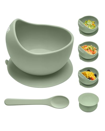 Qyeejong Silicone Suction Bowls for Baby Toddler - BPA Free Silicone Bowl and Spoon Set for Baby Led Weaning & Self Feeding - Toddler Sticky Dishes, Microwave & Dishwasher Safe