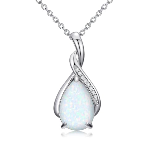 Opal Pendant Necklace with Genuine Diamond 925 Sterling Silver Teardrop Opal Necklace for Birthday Valentine's Day