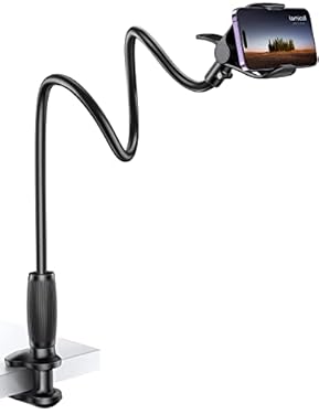 AMAZON - Lamicall Gooseneck Phone Holder for Bed – [Upgraded Stable Clip] for Desk, Headboard, Bed, Bedside, Table, Flexible Gooseneck Long Arm Stand, Overhead Cell Phone Clamp Mount, for All 4-7” Devices