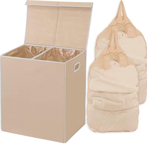 Simple Houseware Double Laundry Hamper with Lid and Removable Laundry Bags, Beige
