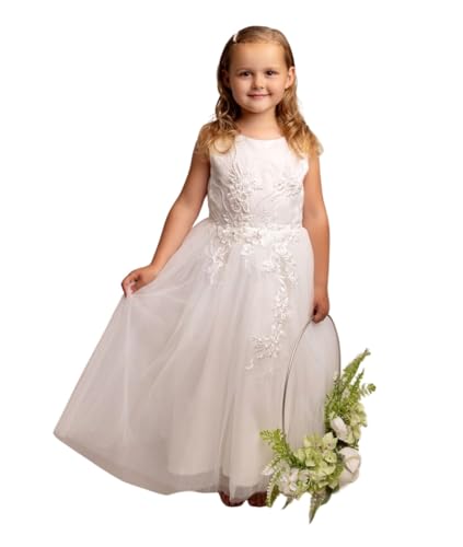 Robe brodée florale pour filles avec jupe tulle et nœud satin de cérémonie