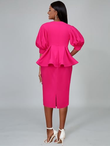 AOMEI Women's V Neck Applique Peplum Office Bodycon Midi Dress Short Puff Sleeve Business Work Pencil Dresses for Women2