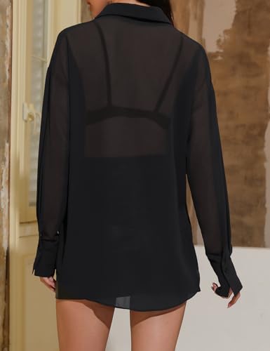 Prettywear Women Sheer Long Sleeve Tops See Through Mesh Oversized Blouses Sexy Trendy Button Down Shirts Tunic4