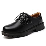 XMM Oxford Shoes for Women Lace up Flats Leather Women's Oxfords Saddle Non-Slip Work Office Comfortable Platform Ladies Loafers Black Dress Business Casual Teacher Uniform Dressy Shoes Size 8