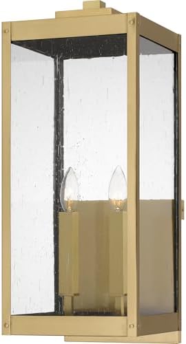 Quoizel Westover Modern Wall Sconce, 22.75 Inch Antique Brass 2-Light Outdoor Light Fixture, Clear Seeded Glass Wall Lantern, 60 W, Industrial Design Wall Light for Porch, Patio, Gazebo or Yard