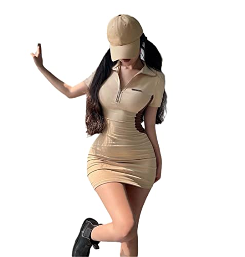 Robe sexy moulante kaki à fermeture éclair mini tenue décontractée fille S