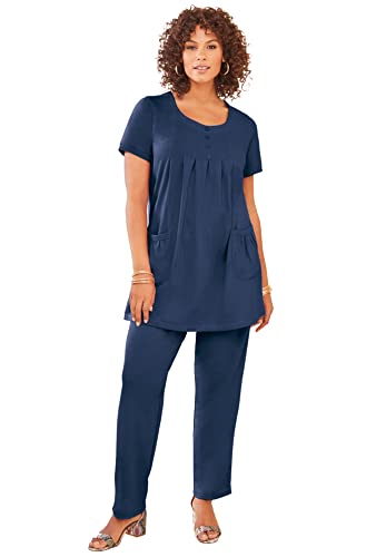 Roaman's Women's Plus Size Straight-Leg Soft Knit Pant Pull On Elastic Waist - M, Navy Blue #TOP4