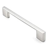 CAULDHAM 10 Pack Solid Kitchen Cabinet Pulls Handles (5' Hole Centers) - Modern Thin Profile Drawer/Door Hardware - Style M255 - Satin Nickel