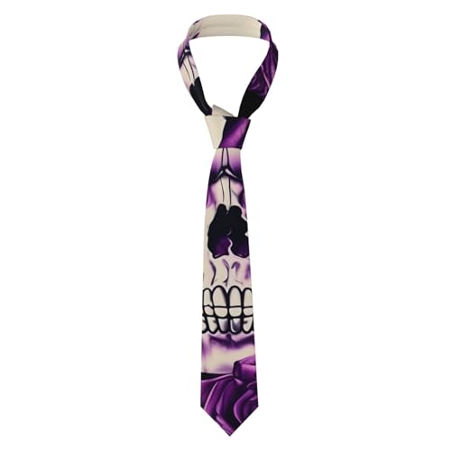BSKGOHP Corbatas de poliéster con estampado de calavera de rosas moradas para hombres, padrinos de boda, corbata de boda