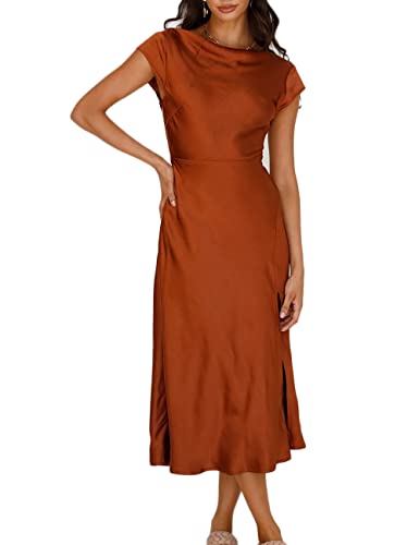 Gmeitoey Damen Sommer Satin Eleganz Rückenfrei Twist Cap Ärmel Midi Kleid 2023 Sexy Wasserfallausschnitt Schlitz Cocktail Hochzeit Gast Kleider,...