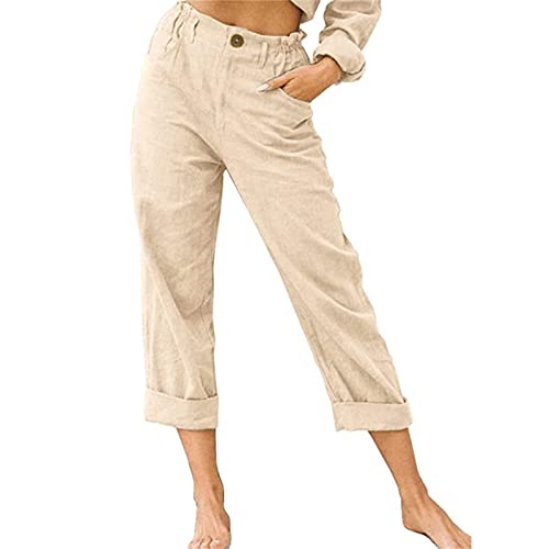 DGHM-JLMY Ladies Solid Cotton Linen Loose Casual Pants High Waist Wide Leg Summer Crop Dress Pants Stretch Pull On Capris