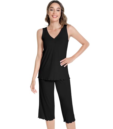 Image of NACHILA Women's Pajamas-Viscose made from Bamboo, V Neck Pjs Top with Capri Pants Pajama Set Sleeveless Sleepwear