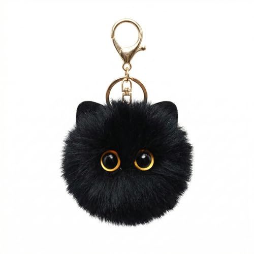 PurlMarie Cute Black Cat Plush Keychain - Kawaii Bag Charm Soft Cat Pom Pom Keychain for Backpack Purse Keys Birthday Gift for Women Girls Cat Lovers