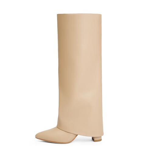 Image of Knee High Boots Women Fold Over Boots Chunky Heel Pointed Toe Tall Boots | Fashion Slouchy Boots,Side Zipper Shark Boots,Fall Spring Winter Fashion Dress Tall Boots,Evening Bridal office Long Boots