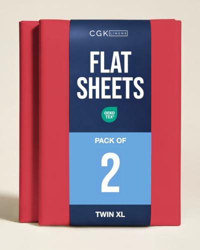 Twin XL Size Flat Sheet - Pack of 2 Top Flat Bed Sheet Only - Red