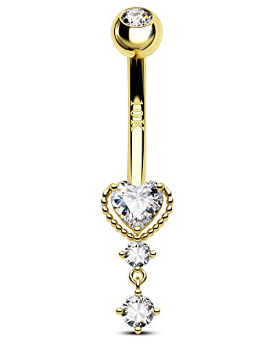 COCHARM 10k Yellow Gold Belly Button Rings Dangling 14G Heart Gold Belly Rings for Women Clear CZ Gold Belly Navel Piercing Jewelry
