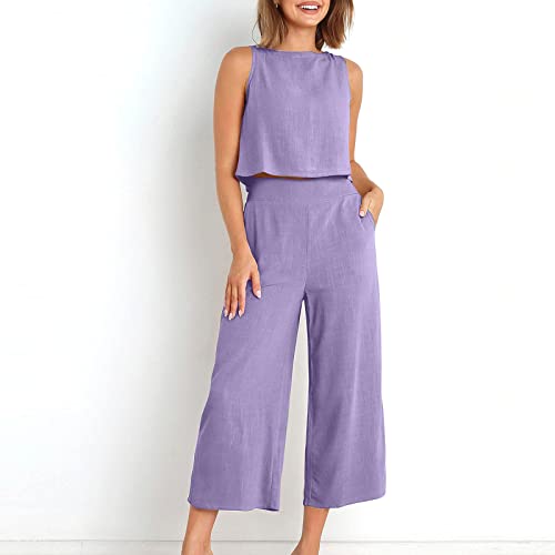 Generic Womens Summer 2 Piece Outfits Sleeveless Button Crop Tank Top High Waist Wide Leg Pant Dressy Casual Linen Lounge Set3