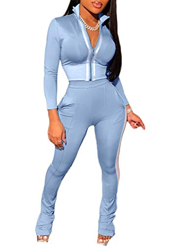 Womens 2 Piece Pants Suit Colorblock Zip Jacket Bodycon Flare Bell Long Pants 2 Piece Sweat Suit Light Blue L