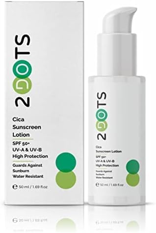 2DOTS Cica Sunscreen Lotion SPF 50+ I Smooth & Soft Skin I Protects & Brightens Skin I Water Resistant, Non-Greasy I No White Cast I UVA & UBA Protection for Men & Women with All Skin Type I 50ml