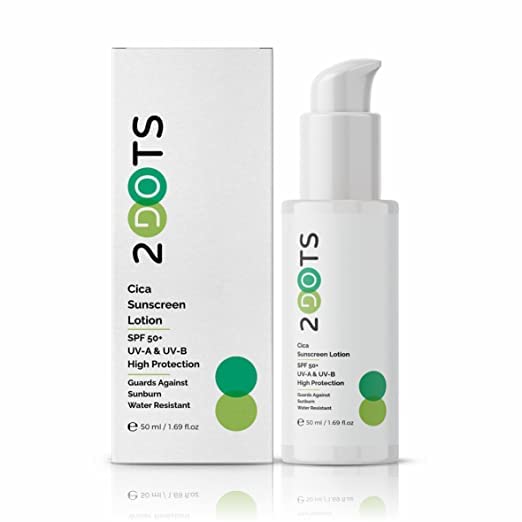 2DOTS Cica Sunscreen Lotion SPF 50+ I Smooth & Soft Skin I Protects & Brightens Skin I Water Resistant, Non-Greasy I No White Cast I UVA & UBA Protection for Men & Women with All Skin Type I 50ml