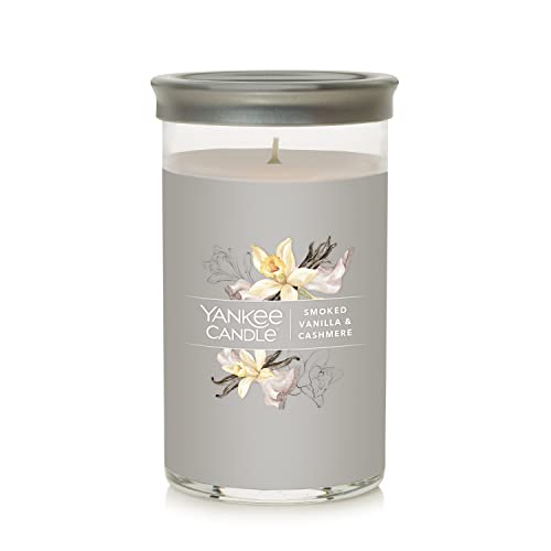 Yankee Candle Smoked Vanilla & Cashmere Signature Medium Pillar Candle – 14.25 oz Light Gray Soy Wax Blend, Metal Lid Coaster – Ideal for Home & Kitchen Decor