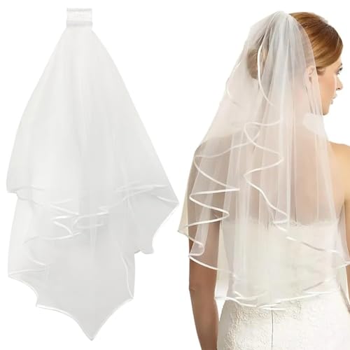 Voile de Mariage Blanc Mariée 2 Niveaux avec Peigne Voile Simple du Bout des Doigts Bord Coupé Tulle de Mariée pour Douche Nuptiale Décoration de Fête de Nuit de...