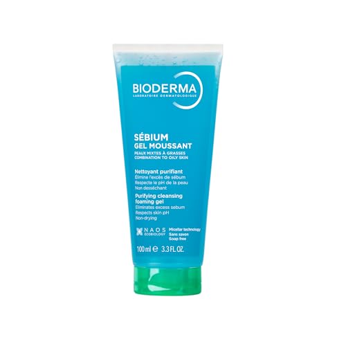 Bioderma Sbium Foaming Gel Gentle Face Cleanser Tube Makeup Removing Cleanser Skin Purifying Face Wash for Combination to Oily Skin Travel Size 3.3 Fl Oz