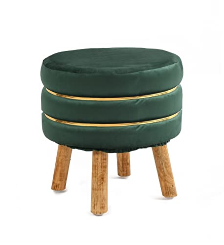 NACIA Ottoman Pouffe Stool for Living Room Sitting, Green (16x16x17 inch, Pack of 2) - Round Footstool/Foot Rest with 4 Wooden Legs for Dressing Table, Home Decor, Balcony, Bedroom