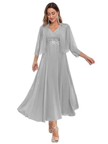 BONOYUER 2 Pieces Mother of The Groom Dress with Jacket for Women Lace Applique Formal Wedding Guest Dress