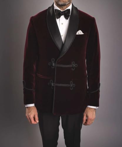 Mens Burgundy Velvet Smoking Jacket, Lapel Collar, Double Breasted, Chinese Knot Buttons3