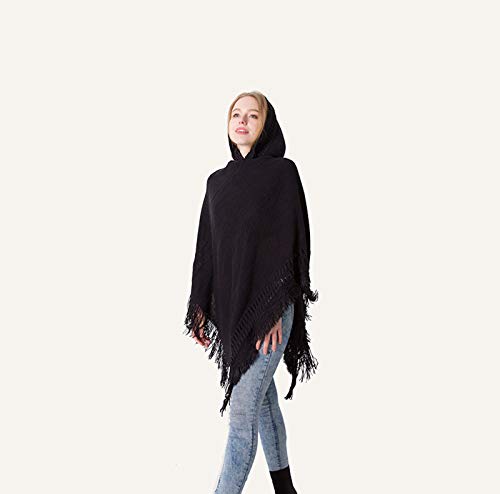 Elonglin Poncho Feminino Capa de Lã Quente Tricotada Folagada Xale com Capuz Casual Elegante para Mu