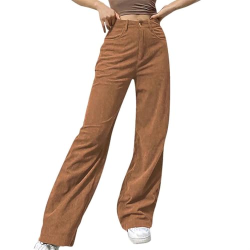 Pantalon en velours côtelé femme en couleur unie et coupe droite fluide
