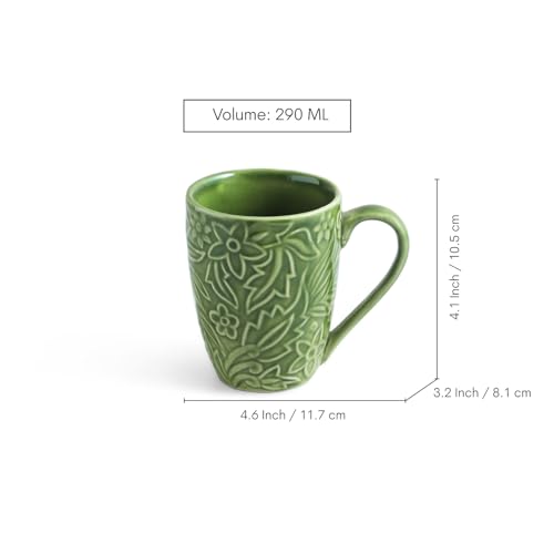Image of ExclusiveLane 'Green Flora' Ceramic Coffee Mugs Set of 2 (Set of 2, 290 ml, Microwave and Dishwasher Safe, Hand-Embossed) | Ceramic Coffee Mug Coffee Cup Set of 2 Tea Mugs Set Tea Cups Ceramic Mugs