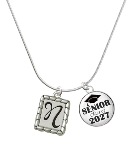 Delight Jewelry Silver Plated Pebble Border Initial - N - Senior Class of 2027 Dome Necklace, 18"
