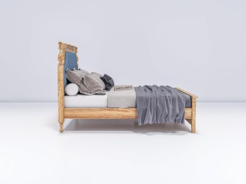 Image of Craft Solid Sheesham Wood Low Height King Size Bed Without Storage | Wooden Double Bed | Low Floor /Lying /Rise /Level /Profile Cot with Blue Upholstered Cushioned Headboard, Teak Finish-B24