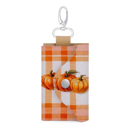 Range White Plaid Pattern Pumpkins Ribbon Bow Key Holder Bag PU Leather ID Card Holder Keychains Case Cover for Men Women