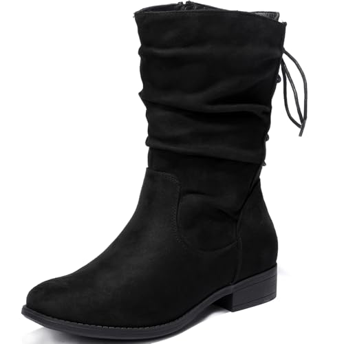 Luoika Women's Wide Width Ankle Boots - Low Heel Side Zipper Slouchy Mid Calf Boots Short Booties. 231205 BlackMF 8.5XW