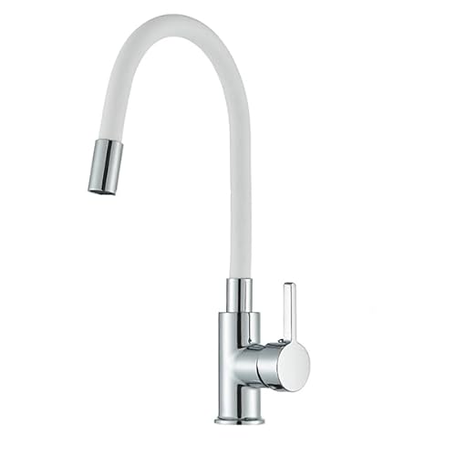 LLFFSSDG Grifo de cocina con manguera de silicona, grifo giratorio 360°, grifo mezclador moldeable para cocina con caño alto, grifo de alta presión para fregadero (blanco)