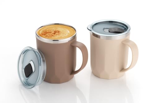 Image of MAGIC SPOON Stainless Steel Travel Coffee Mug with Sipper Lid & Handle, Insulated Tea Cup, BPA-Free Double Wall Tumbler for Hot-Cold Beverages, Office, Home, Car- BEIGE-BROWN, (Combo Pack (400ml X 2))