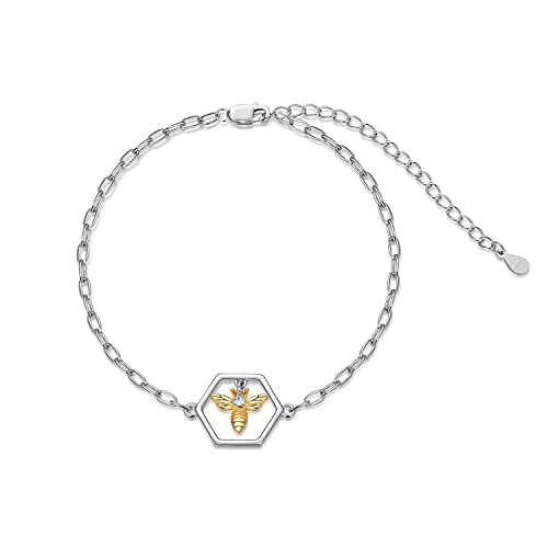 Bumble Bee Honeycomb Bracelet Sterling Silver Honey Bee Jewelry Charm with Paperclip Chain, Adjustable Bracelet for Women Girls