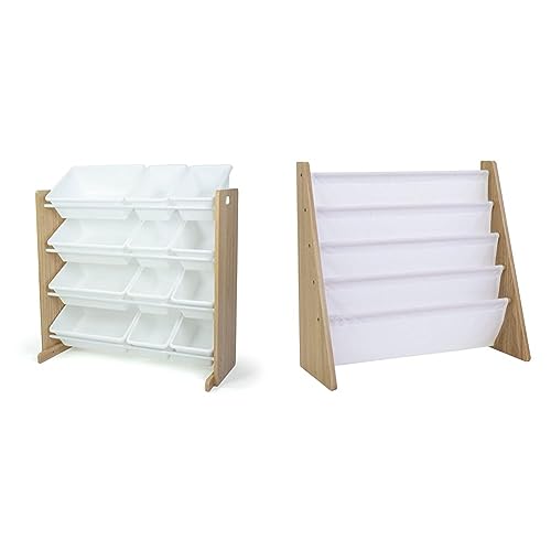 Image of Humble Crew, Natural Wood/White Kids Toy Organizer with 12 Storage Bins & 4 Tier, Natural/White Kids Book Rack Storage Bookshelf with Deep Sleeves, Universal