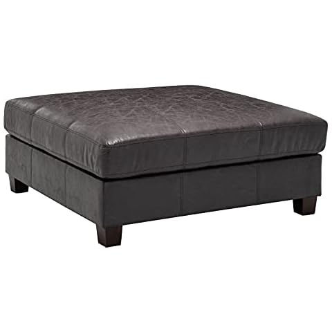 Wovenbyrd Classic 40-Inch Wide Square Pillowtop Ottoman Footstool with Wood Legs, Distressed Black Faux Leather Cover