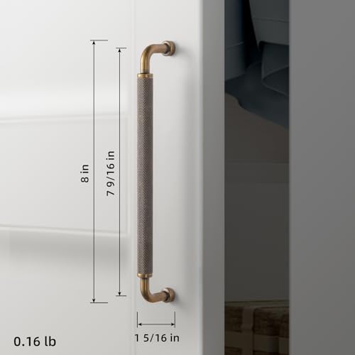 Image of Goo-Ki 6 Pack 7 9 /16 Inch Antique Brass Knurled Cabinet Pull Handle - Textured Non-Slip Grip, Classic Vintage Design for Kitchen Cabinets & Furniture Drawers