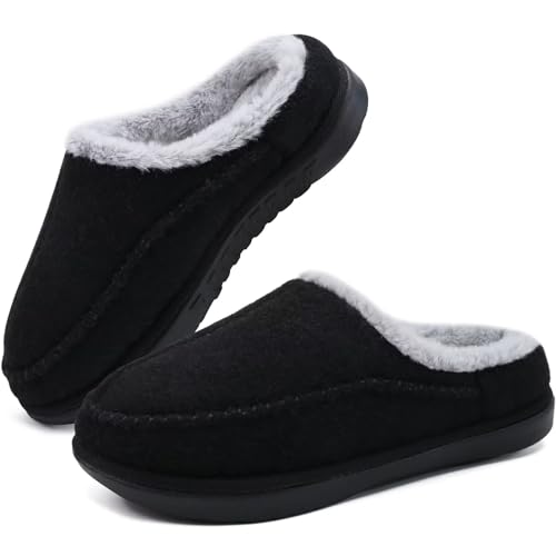 Image of KuaiLu Mens Clog Slippers with Comfy Arch Support Orthotic Plantar Fasciitis Memory Foam Slippers for Men Winter Fluff Faux Fur Slip on Felt Houes Shoes Hard Rubber Sole Black Size 7