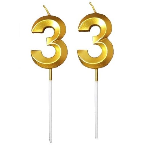 Image of ToyUniverse Number 33 Metallic Gold Candle for 33rd Birthday, Anniversary & Surprise Parties (Pack of 2)