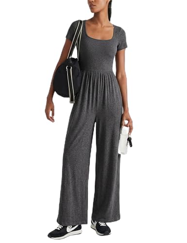 MAKABO Women's Short Sleeve Gray Jumpsuit 2026 One Piece Long Rompers Trendy Dressy Pants Clothing Date Night Outfits, M