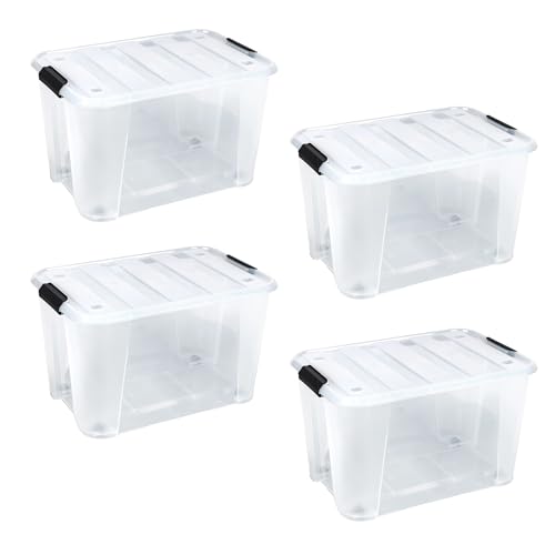 Image of Clear Heavy Duty Bulk Storage Container with Lids Pack of 4, 32 Litre | Stackable Plastic Bins with Handles & Rolling Wheels | BPA-Free, Multi-Purpose for Kitchen, Pantry, Office, or Garage