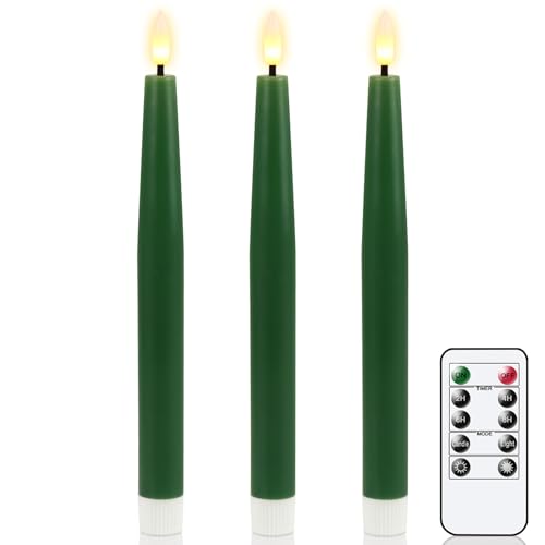 Image of Christmas Green Flameless Taper Candles with Remote, Real Wax LED Taper Candles Battery Operated with 3D Wick, 3 Pcs Flameless Candlesticks for Christmas Home Decor(0.78 inch x 9.65 inch)