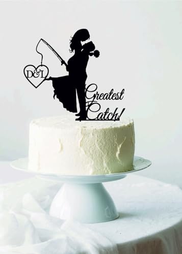 TiTaicor Fishing Wedding Cake Topper,Bride and Groom with fishing rod,Best Catch Ever,Fisherman Cake Topper,Greatest Catch Cake Topper for Birthday Engagement Anniversary Wedding Shower Supplies.