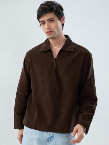 Image of VASTRADO Carob Brown Corduroy Cuffless Oversized Shirt